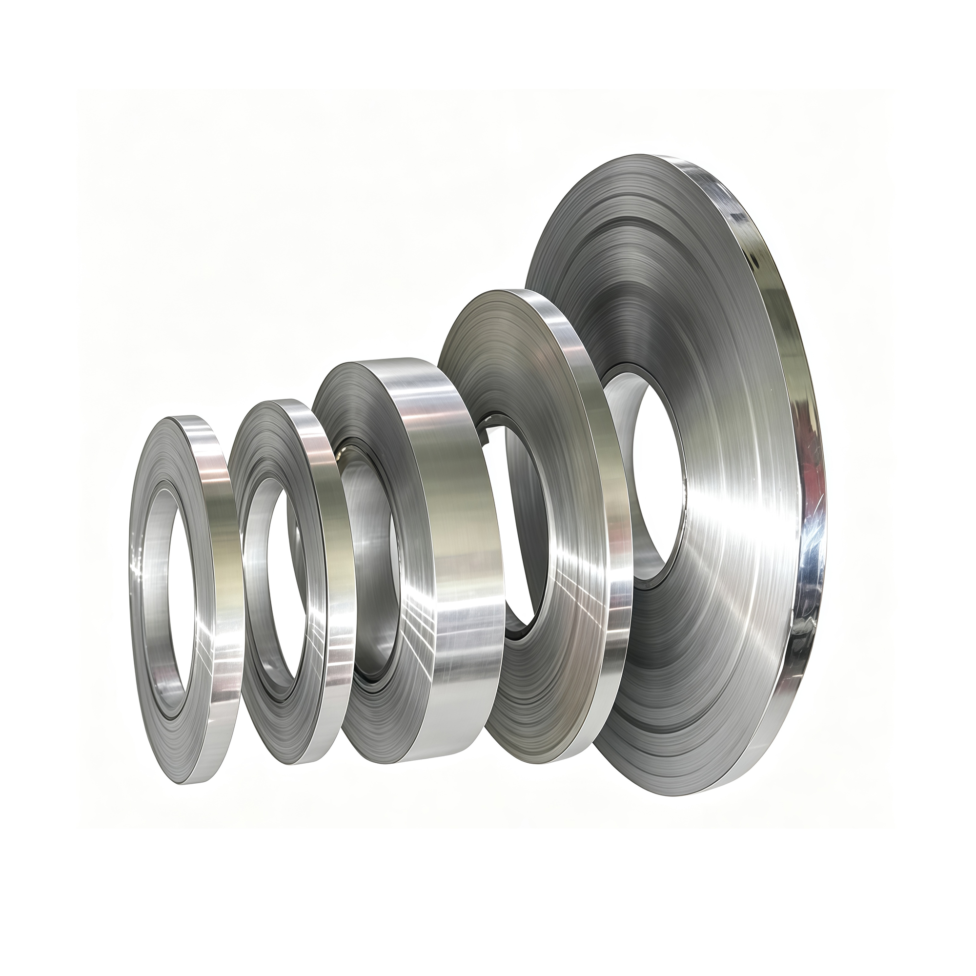 Five slit steel strip coils of increasing diameter standing in a row on a white background